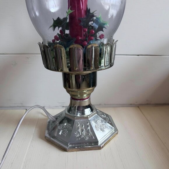 Vintage Electric Christmas Hurricane Lamp With Etched Glass Shade Holly & Berry - Picture 5 of 11